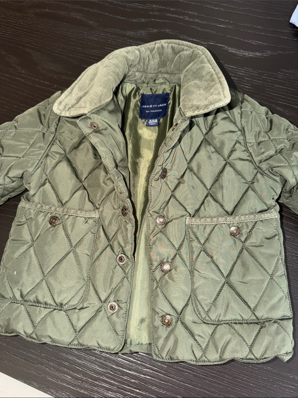 Janie and Jack Quilted Olive Green Puffer Jacket with Corduroy Collar